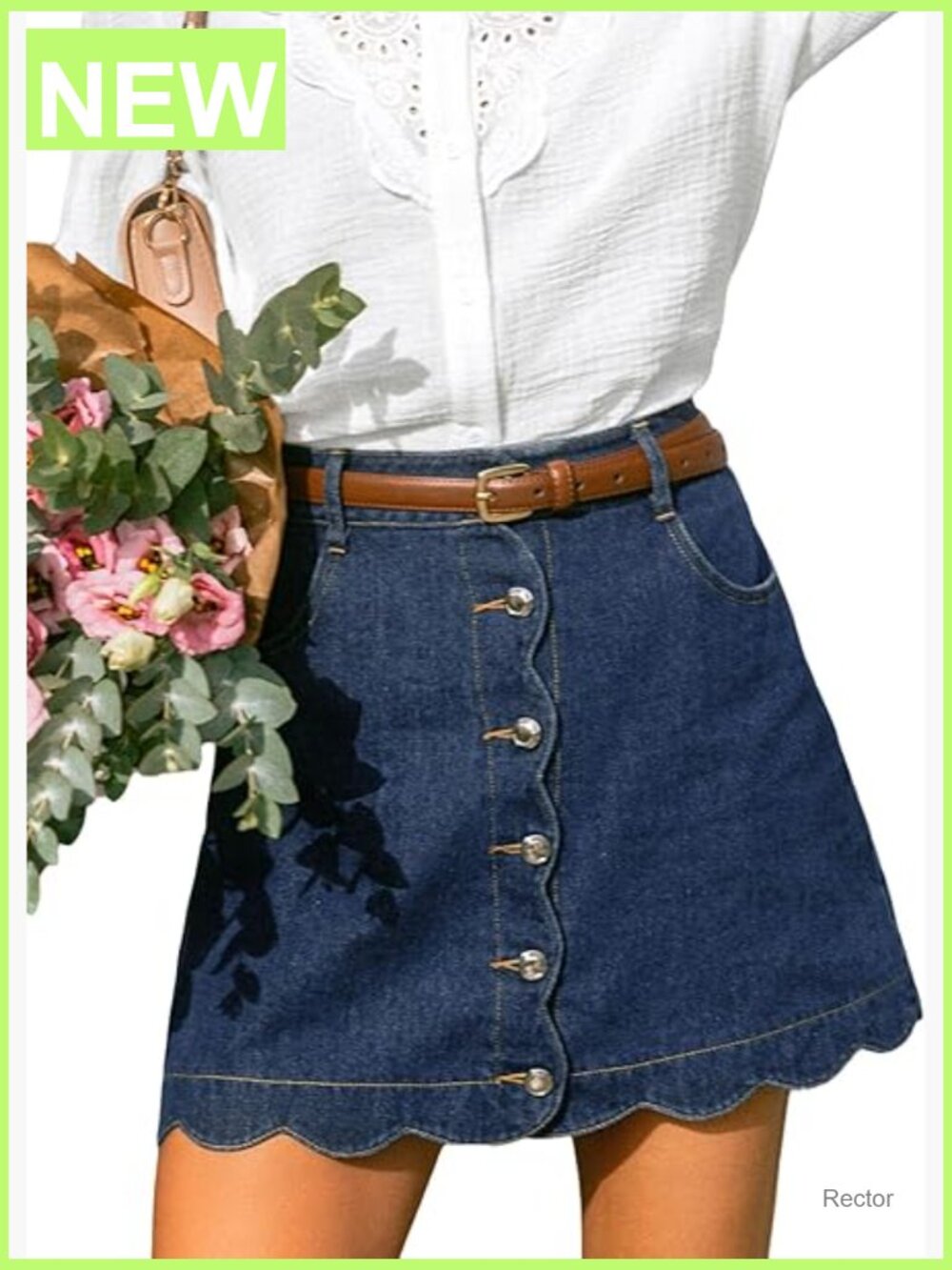 High Waist Denim Mini Skirt Button Front A-Line Scalloped Hem Casual